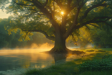 A majestic oak tree stands tall, its branches reaching out to the misty river below as sunlight filters through them creating an enchanting scene. Created with Ai - obrazy, fototapety, plakaty