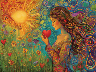 women goddess holding heart of Love Under Sunlight Sky with flower and grass