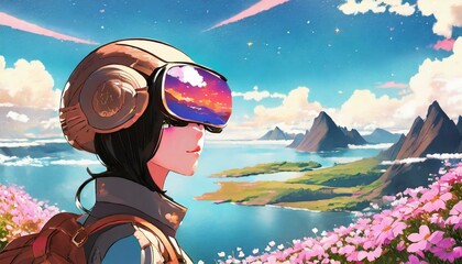 girl on the mountain photo realistic world in the future, beautiful, peaceful woman, child, vector, illustration, sky, snow, cartoon, 