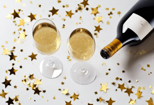 golden isolated copy lay view  party Empty Happy wine top bottle stars New Champagne confetti Year glasses white table Flat nad composition  concept  background  Celebration merry christmas