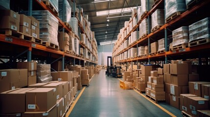 A Warehouse with rows of shelves and boxes. Logistics. Inventory control.