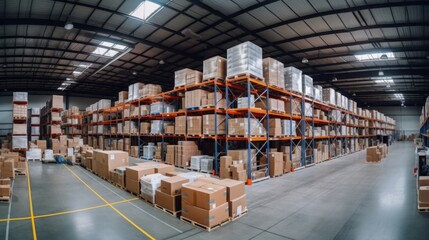 A Warehouse with rows of shelves and boxes. Logistics. Inventory control.