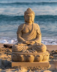 Sand Buddha Statue on Beach at Sunset