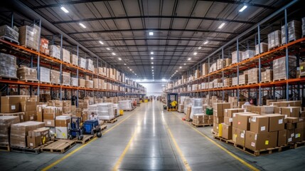 A Warehouse with rows of shelves and boxes. Logistics. Inventory control.