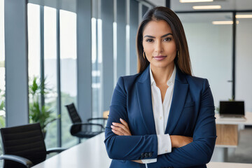 Confident professional young latin business woman company employee, lady executive manager, female worker or entrepreneur looking at camera standing arms crossed in modern office, portrait.