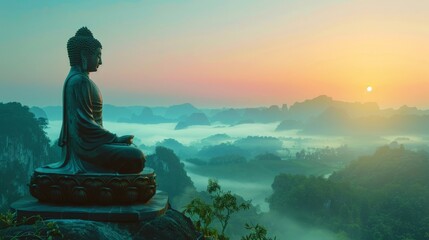 Buddha Contemplating Sunrise Above the Clouds