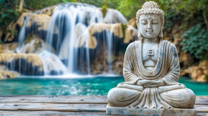 Buddha Statue by Waterfall in Lush Setting