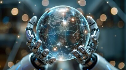 hands hold a transparent globe with digital connections and nodes superimposed over it. represents the network