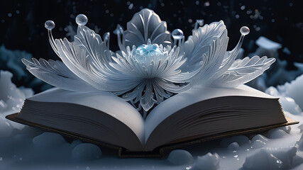  empty book opened on a snowy surface with snowflakes in the background 
