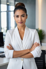 Confident professional young latin business woman company employee, lady executive manager, female worker or entrepreneur looking at camera standing arms crossed in modern office, portrait.