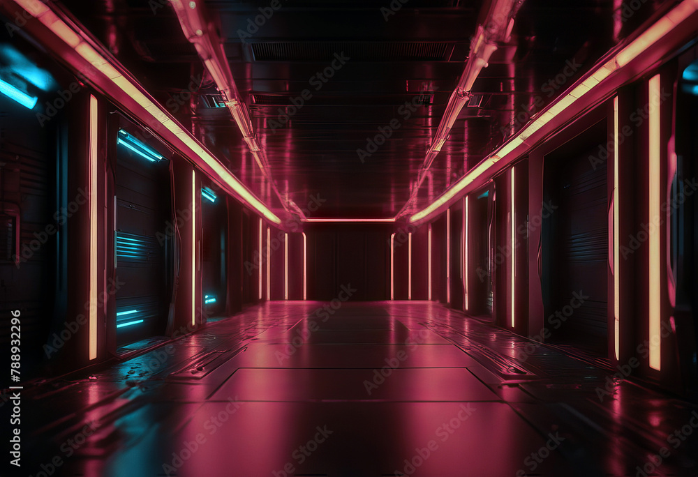 Poster metallic corridor render illuminated 3d background grunge damaged lights sci-fi neon three-dimension