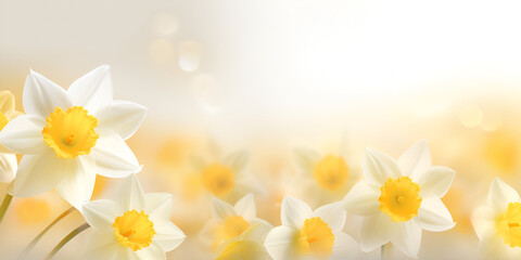 A photo of nature with white and yellow flowers blossom on a blured background
