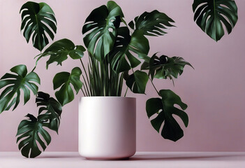 background copy rendering minimal Monstera houseplant composition space leaves 3d pink pot Tropical plant leaf isolated green decor modern room