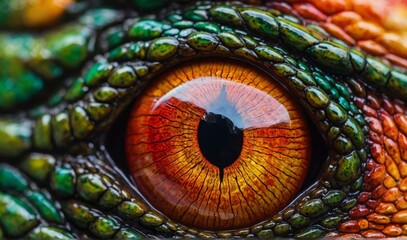 Close-up of Vibrant Dragon Eye. Detailed macro shot of a colorful dragon's eye, capturing the intricate textures and vivid colors