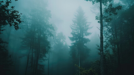 Minimalist forest background with slender trees and a misty atmosphere, evoking a sense of mystery