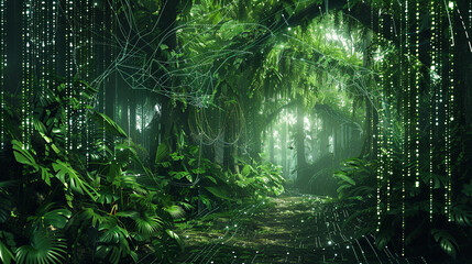 Cybernetic rainforest, with digital vines and foliage creating a lush landscape of information and connectivity.