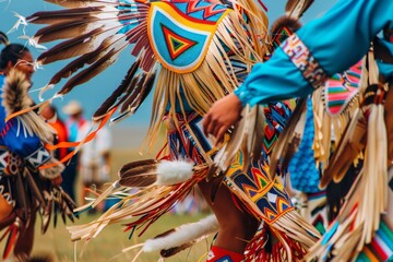 A group of Native American dancers performing a traditional powwow dance, adorned in colorful regalia adorned with feathers and beadwork, Generative AI