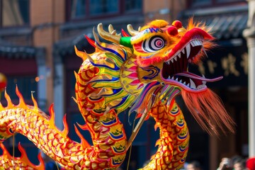 A majestic Chinese dragon winding its way through a vibrant street parade, symbolizing prosperity...