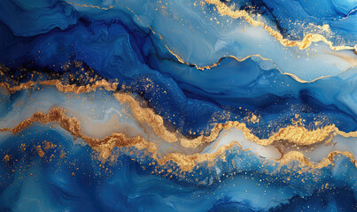 Fototapeta na wymiar Abstract blue and gold fluid marble texture background with golden glittering elements, blue and white marble pattern with waves of swirling liquid paint and shiny golden accents. Created with Ai
