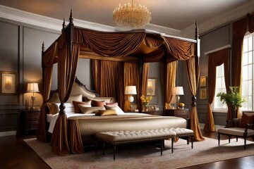 Canopy bed and chandelier in a chic bedroom, Luxurious canopy bed beneath sparkling chandelier, Elegant bedroom with canopy bed and chandelier. - obrazy, fototapety, plakaty