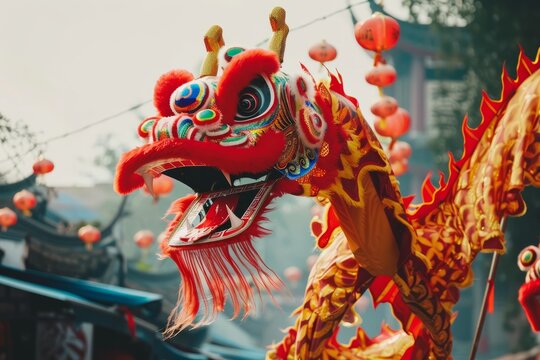 A majestic Chinese dragon winding its way through a vibrant street parade, symbolizing prosperity and good fortune in traditional culture, Generative AI