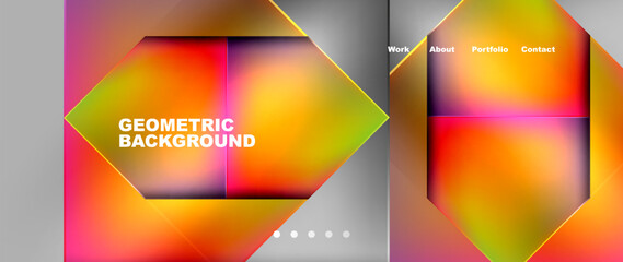 A vibrant geometric background featuring a rainbow of colors including amber, orange, magenta, tints, and shades in various shapes such as rectangles, triangles, and circles