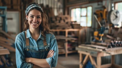 Cheerful female carpenter Confident in the workshop In the fully equipped carpentry workshop with various tools