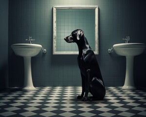Reflective dog, daily read, high contrast, minimalist bathroom ,  high resolution