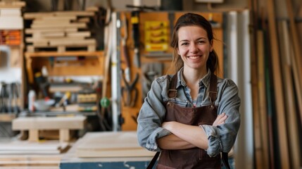 Cheerful female carpenter Confident in the workshop In the fully equipped carpentry workshop with various tools