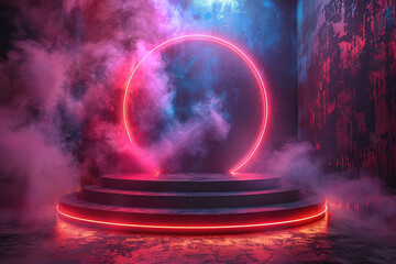Abstract neon background with illuminated ring and glowing spheres, stage design for product presentation. Created with Ai