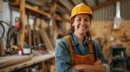 Cheerful female carpenter Confident in the workshop In the fully equipped carpentry workshop with various tools