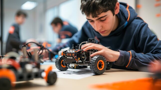 Focused adolescent building a complex robotics project during a hands-on engineering class