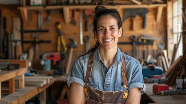 Cheerful female carpenter Confident in the workshop In the fully equipped carpentry workshop with various tools