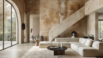The rich caramel tones of the polished plaster walls draw inspiration from ancient palaces and grand manor houses. The warm hues add depth and character to the space while the glossy . - obrazy, fototapety, plakaty