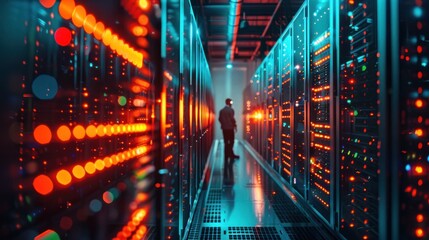 Hacker, encryption, malware concept Computer hacker masked in cyber security vulnerability on the server room background technology