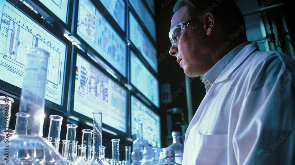 Poster in a nearby research facility scientists are hard at work developing new advanced processes and tech