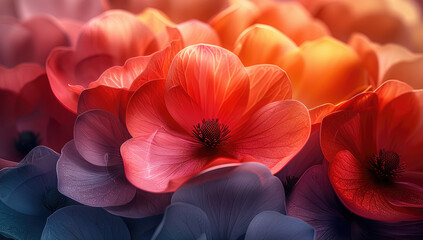 Red and pink flowers on a floral background in macro photography with cinematic light and warm tones, creating a beautiful blurred background for a closeup with depth of field. Created with Ai