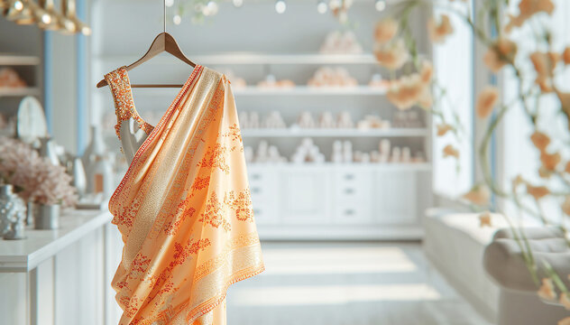Saree Indian dress in white luxury boutique background. Indian attire in fashion store. Festive outfit. Beautiful Bollywood clothing. Stylish orange party dress. Handloom saree salon. Banner