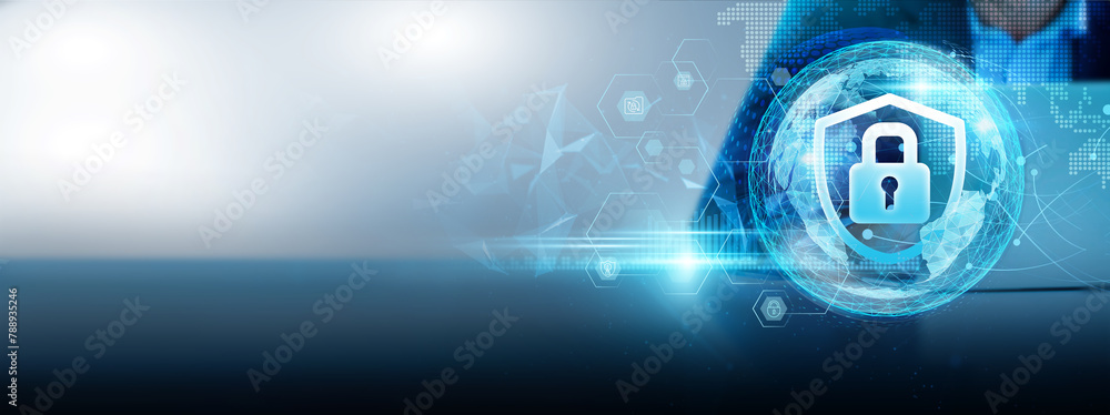 Poster cybersecurity network, safeguards critical data, systems, and infrastructure. businessman using lapt