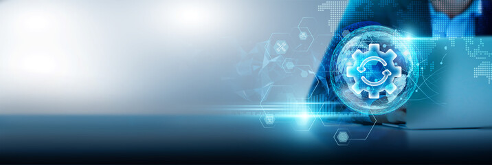 Automation network, streamlining processes, reducing manual tasks, and improving efficiency. Businessman using a laptop connected to automated systems and platforms on a global network.