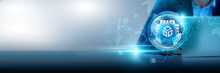 Blockchain technology revolutionizes data security, transparency, and trust. Businessman using a laptop connected to blockchain and smart contracts on the global network.