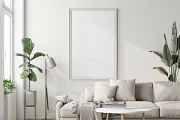 Scandinavian style living room with poster mockup created with generative ai