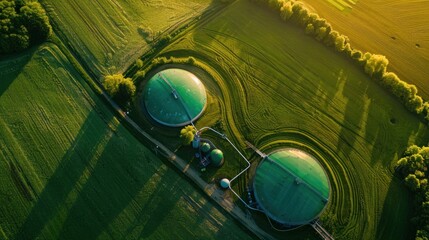 Aerial view over a green biogas storage tank. Biogas plants and farms in green fields Renewable energy from biomass modern agricultural concept