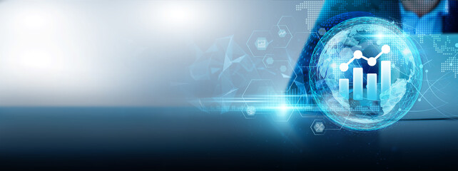 Data analytics networks leverage advanced data processing, statistical modeling, and machine learning. Businessman using a laptop connected to data sources and analytics tools on a global network.