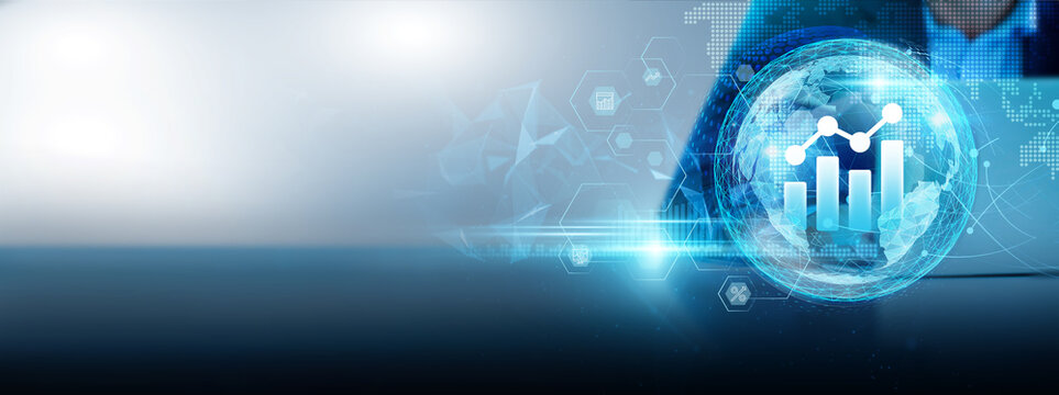 Data analytics networks leverage advanced data processing, statistical modeling, and machine learning. Businessman using a laptop connected to data sources and analytics tools on a global network.