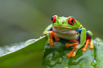 Naklejka premium Close up of red eyed tree frog on leaf