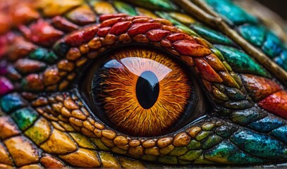 Close-up of Vibrant Dragon Eye. Detailed macro shot of a colorful dragon's eye, capturing the intricate textures and vivid colors