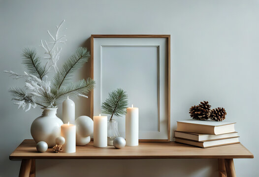 branches Horizontal white pine ceramic table mockup bench paper Modern frame Christmas still life tree wall ornaments wooden books Winter vase vintage decoration decor