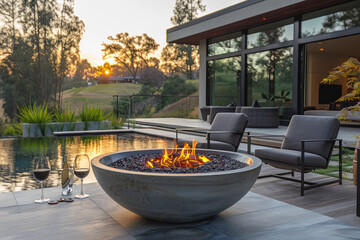 A concrete fire bowl with flames, placed on the patio of a modern house in San Francisco overlooking a pool and golf course at sunset. Created with Ai - obrazy, fototapety, plakaty