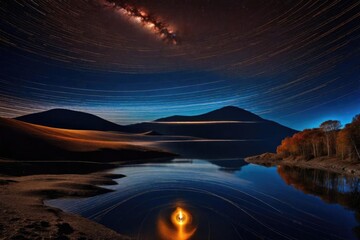 Peaceful night sky captured over still lake, glowing star trails illuminating the darkness, Serene landscape with star trails streaking above lake, framed by majestic mountains.